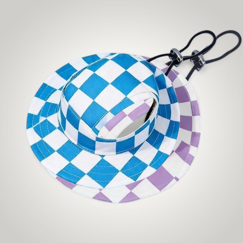 HappiFinds blue and white checkered dog sun hat with an adjustable chin strap for outdoor pet sun protection