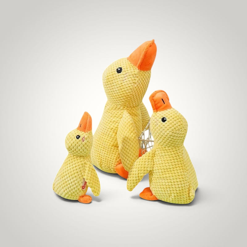 HappiFinds yellow plush duck dog toys in three different sizes with textured fabric and orange beaks