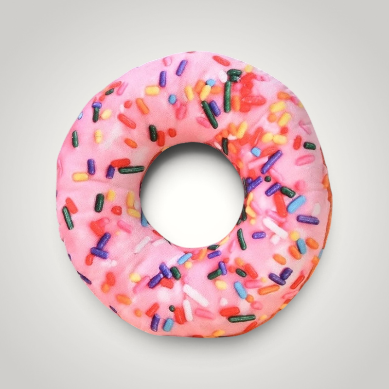 HappiFinds plush donut dog toy with pink frosting and colorful sprinkles for interactive pet play