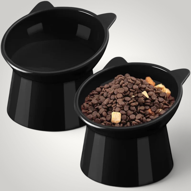 HappiFinds set of two black elevated cat bowls with cute cat-ear design to reduce neck strain during mealtime