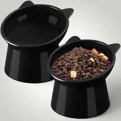 HappiFinds set of two black elevated cat bowls with cute cat-ear design to reduce neck strain during mealtime