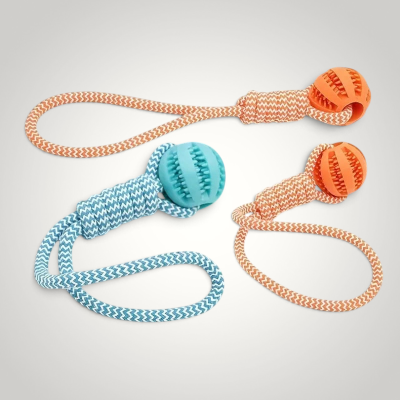 HappiFinds dog tug rope toys with woven cotton loops and textured rubber balls for dental health in blue and orange.