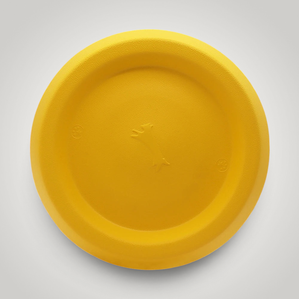 HappiFinds yellow EVA flying disc dog toy for outdoor fetch and play, gentle on pet teeth and gums