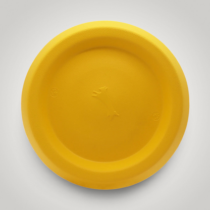 HappiFinds yellow EVA flying disc dog toy for outdoor fetch and play, gentle on pet teeth and gums