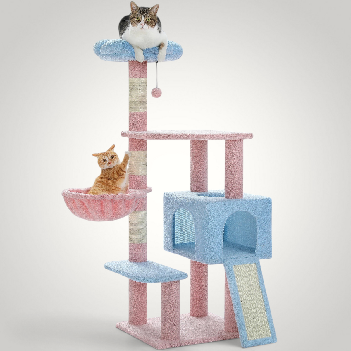 HappiFinds multi-level cat tree with blue flower perch, pink hammock, and sisal scratching posts with two cats.