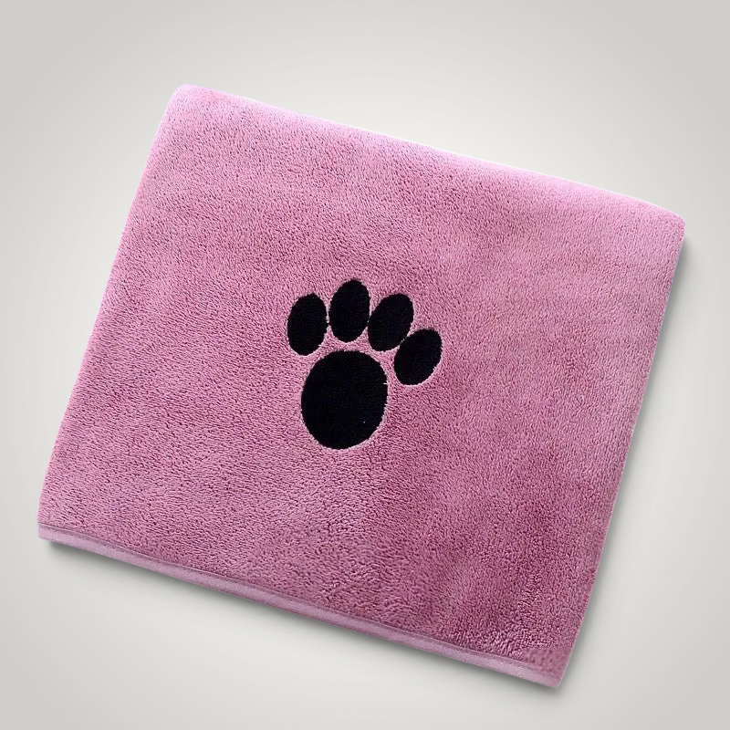 HappiFinds soft pink microfiber dog bath towel featuring a black embroidered paw print design