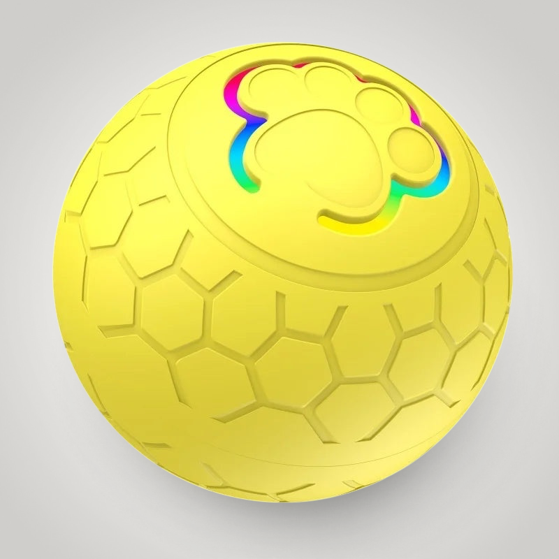 HappiFinds yellow interactive dog toy ball with a paw print design and RGB LED lights for automatic play