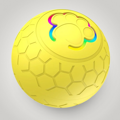HappiFinds yellow interactive dog toy ball with a paw print design and RGB LED lights for automatic play