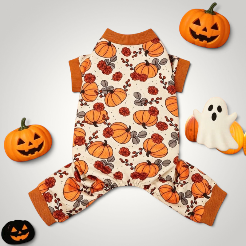 HappiFinds yellow pumpkin print pet pajama onesie with ribbed brown cuffs for fall season