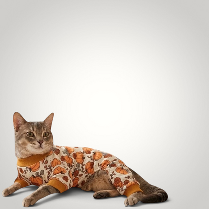 HappiFinds yellow pumpkin print four-legged pajama onesie worn by a cat for cozy fall comfort