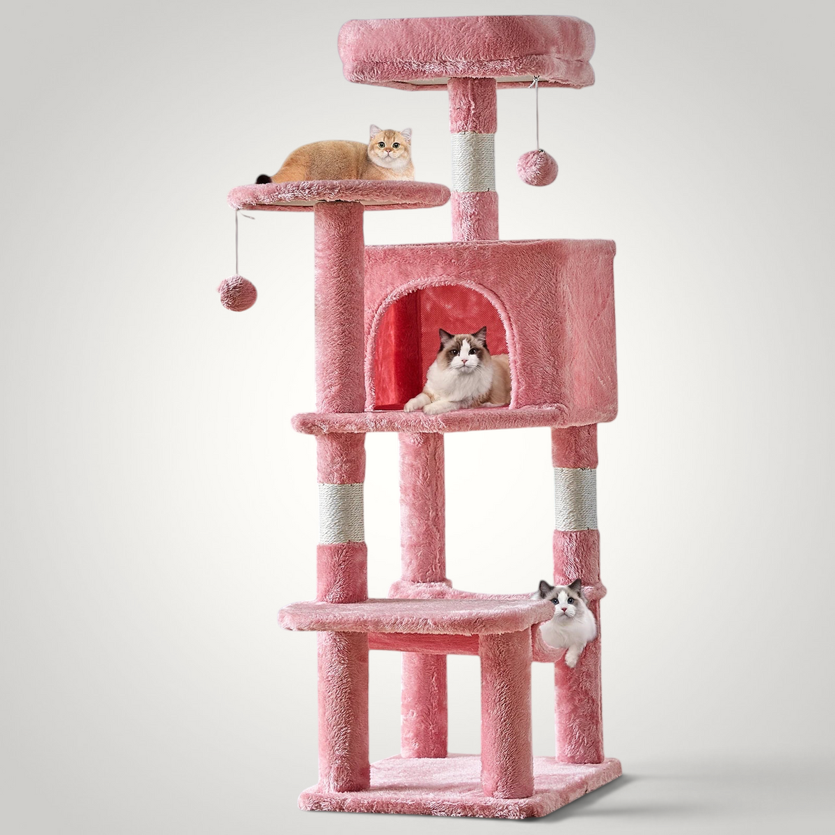 HappiFinds pink 44-inch cat climbing tower with plush platforms, sisal scratching posts, and hanging toy balls