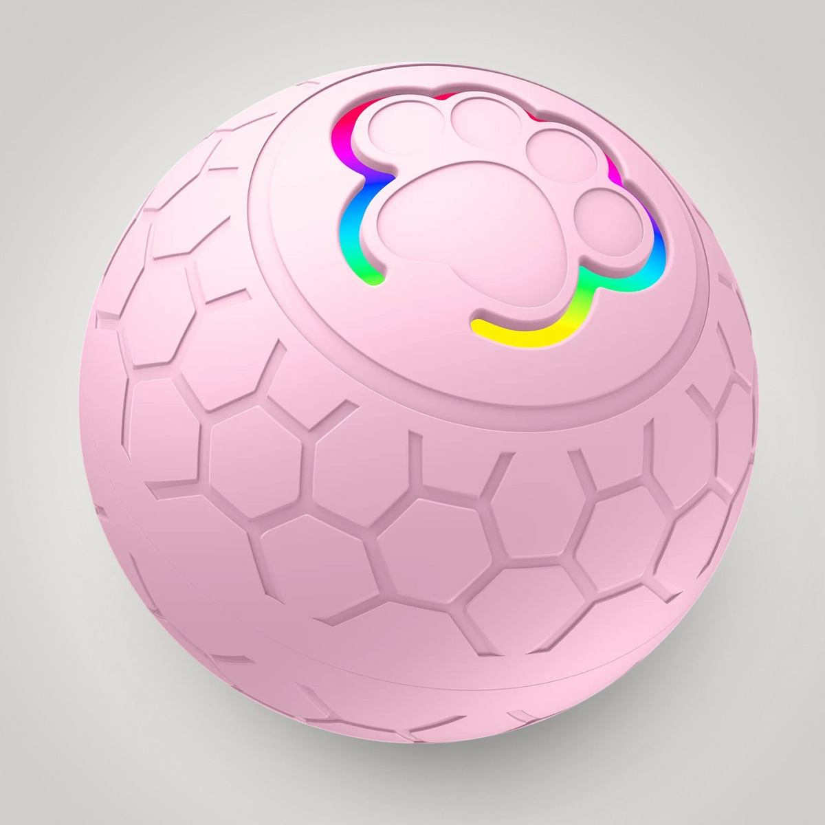 HappiFinds pink interactive dog toy ball with a paw print design and RGB LED lights for automatic play