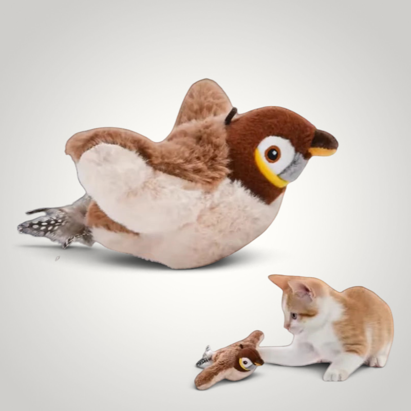 HappiFinds brown plush bird cat toy that chirps and flaps when touched, shown with a kitten and charging cable.