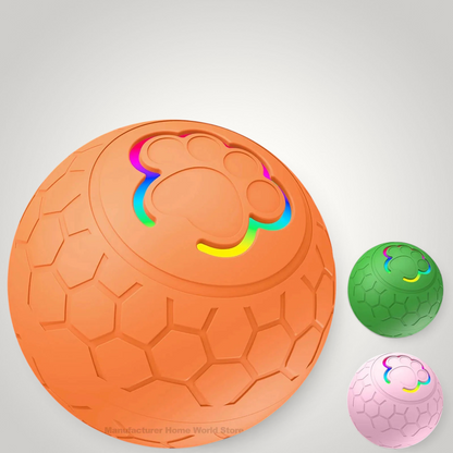 HappiFinds interactive electric dog toy ball with RGB lights, waterproof design, and paw print pattern in orange