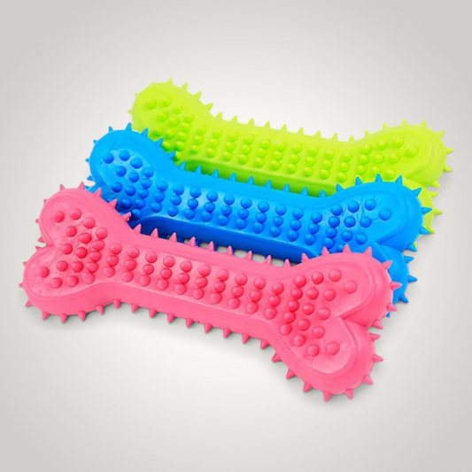 HappiFinds soft rubber bone-shaped dog chew toys in bright pink, blue, and lime green with textured nubs