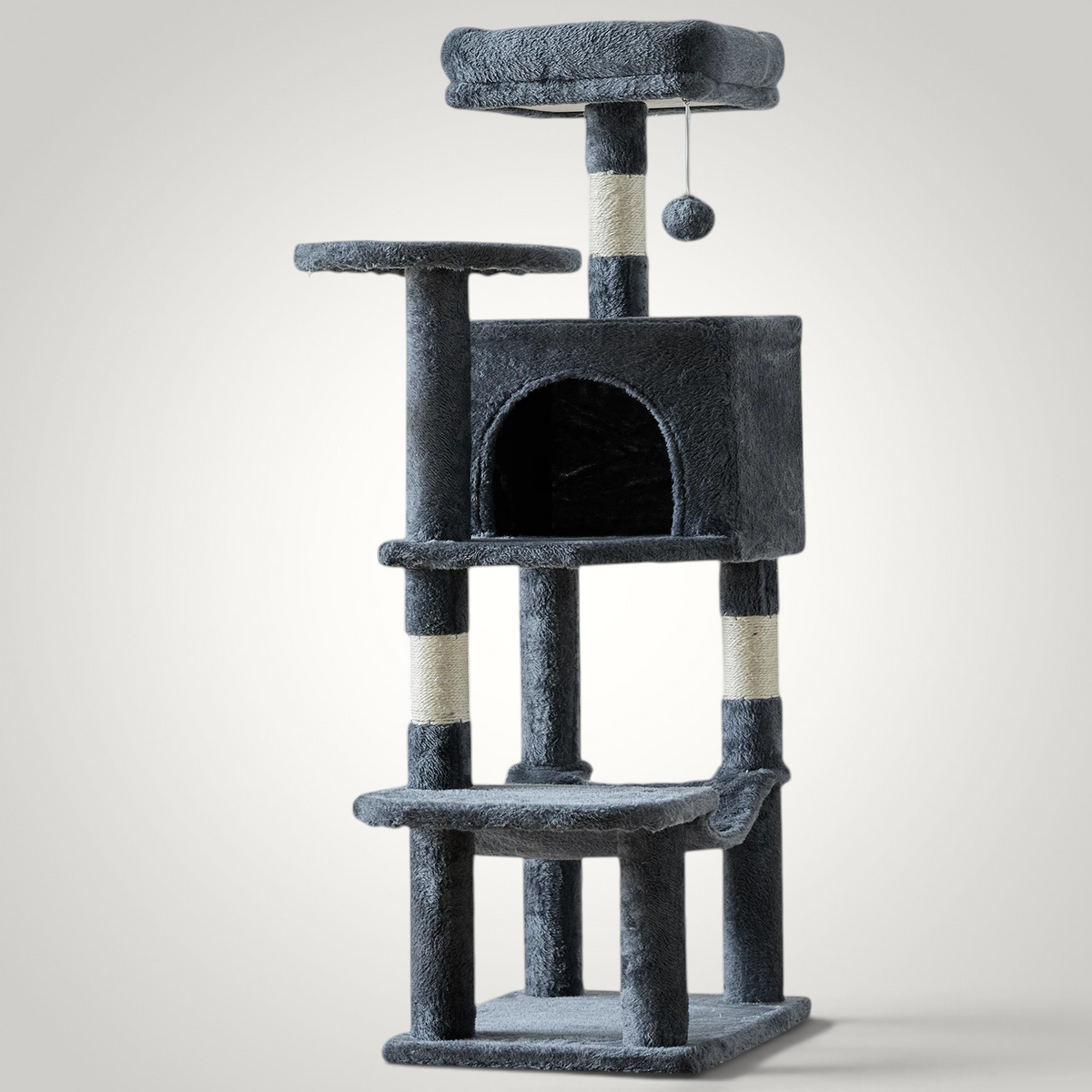 HappiFinds 44-inch dark grey cat climbing tower with sisal scratching posts, multiple perches, and hanging toy balls.