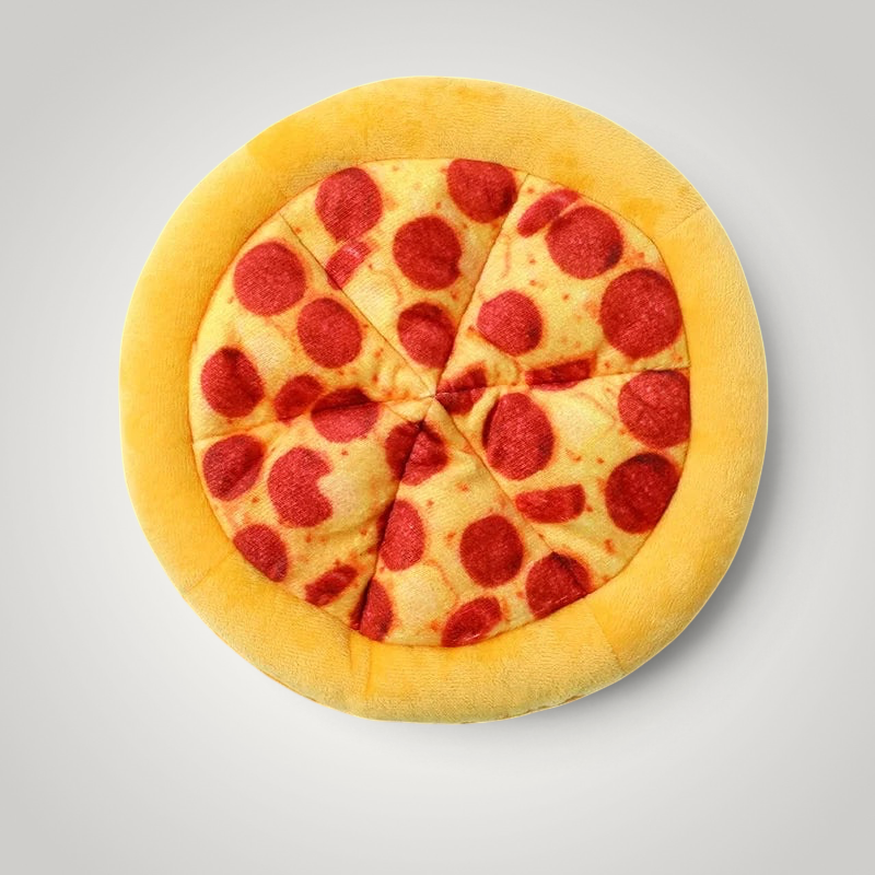 HappiFinds plush pepperoni pizza squeaky dog toy measuring 25cm in diameter