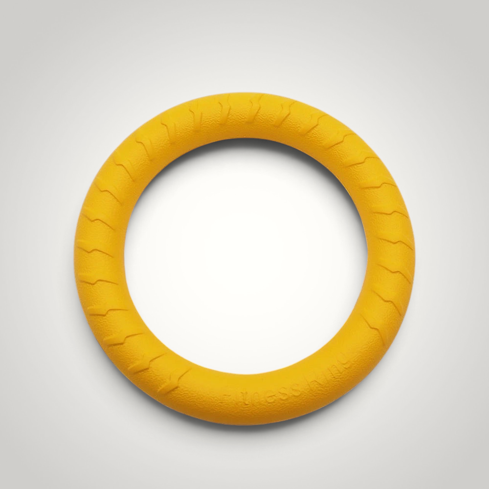HappiFinds yellow EVA foam dog pull ring toy for fetch and tug play, 19.5cm diameter