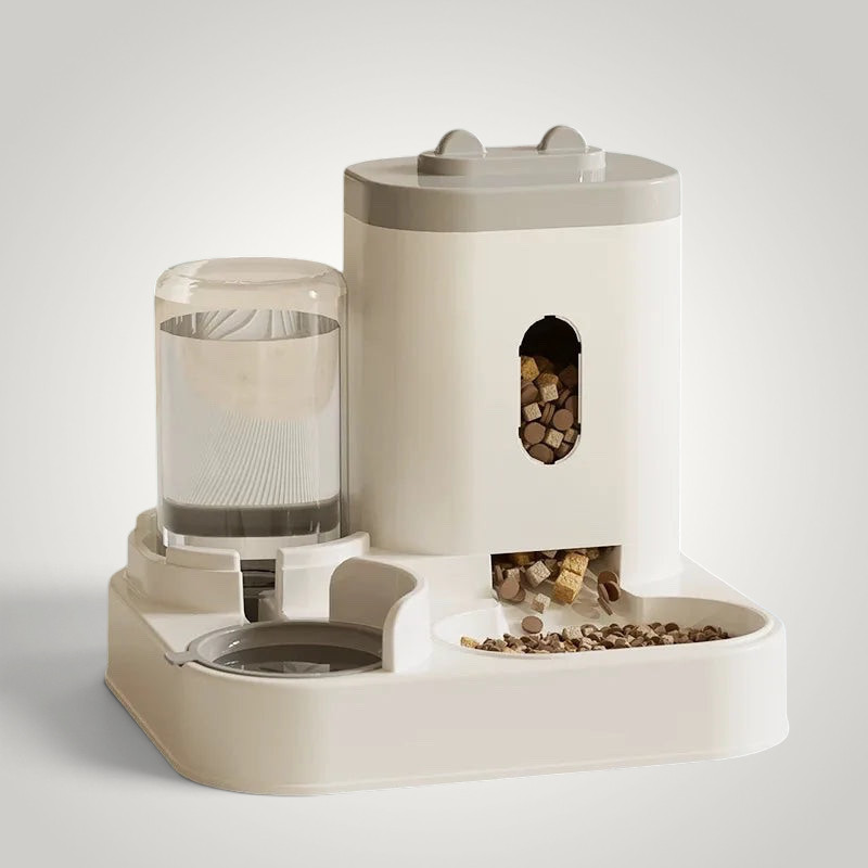 HappiFinds automatic pet feeder with a water dispenser and kibble storage for cats and dogs in white and grey