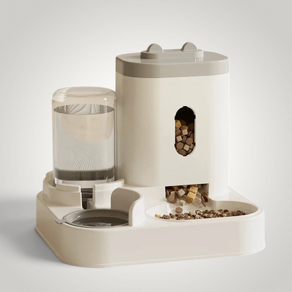 HappiFinds automatic pet feeder with a water dispenser and kibble storage for cats and dogs in white and grey