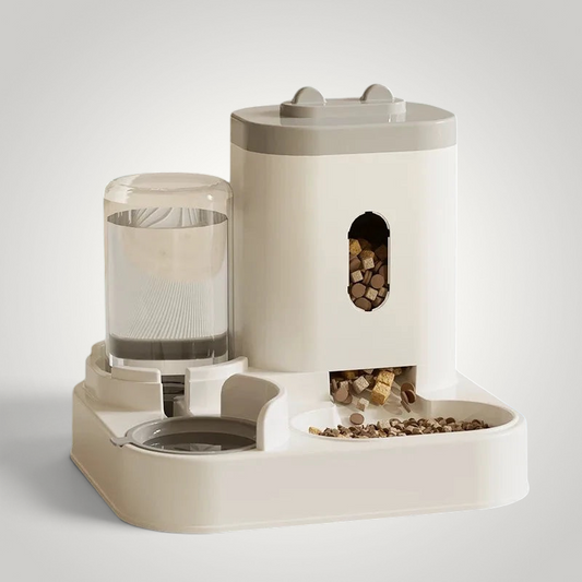 HappiFinds automatic pet feeder with a water dispenser and kibble storage for cats and dogs in white and grey