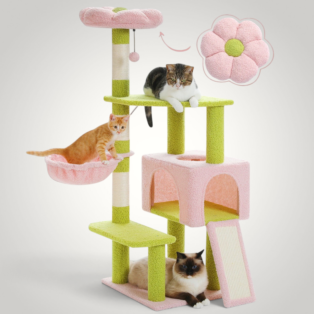 HappiFinds multi-level flower cat tree with pink and green plush platforms, sisal scratching posts, and cat bed