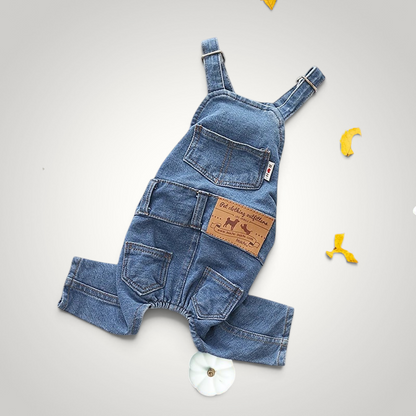 HappiFinds blue cotton-denim dog overalls with adjustable shoulder straps and back pockets on a white background