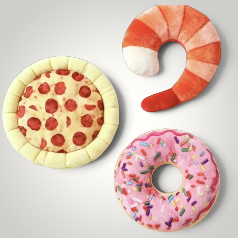 HappiFinds plush squeaky dog toy set featuring a pepperoni pizza, pink frosted doughnut, and shrimp.