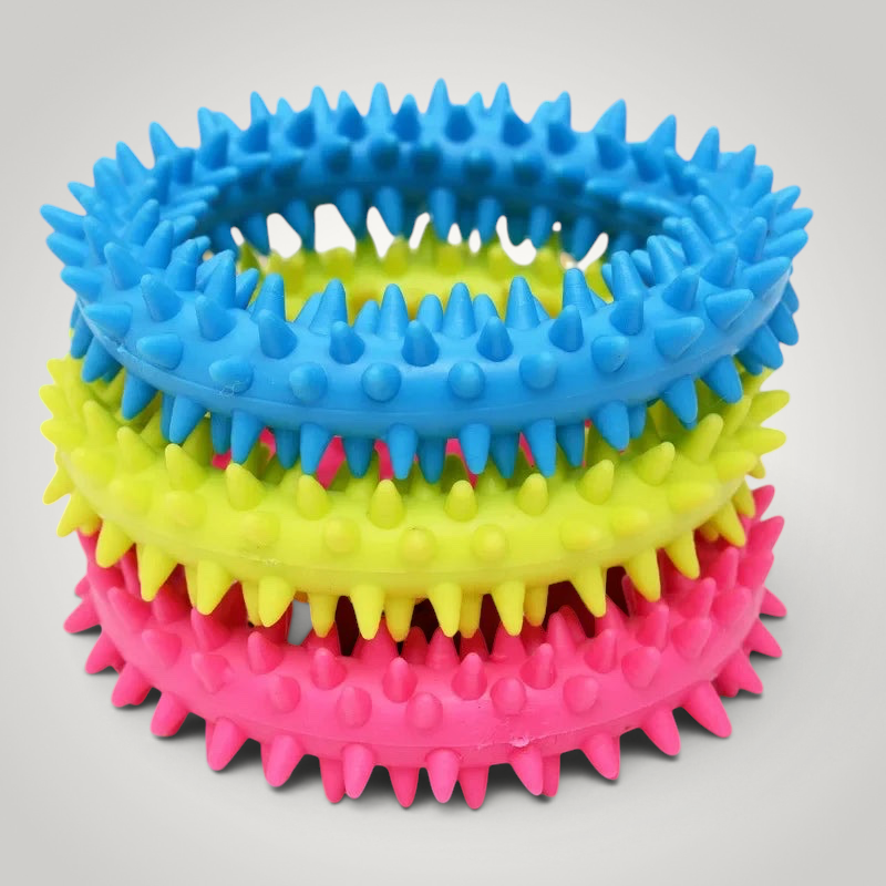 HappiFinds soft rubber ring chew toys for small dogs in blue, yellow, and pink with textured spikes
