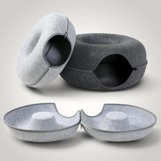 HappiFinds felt cat tunnel nest in light and dark gray, featuring a donut shape that converts into a cozy pet bed.