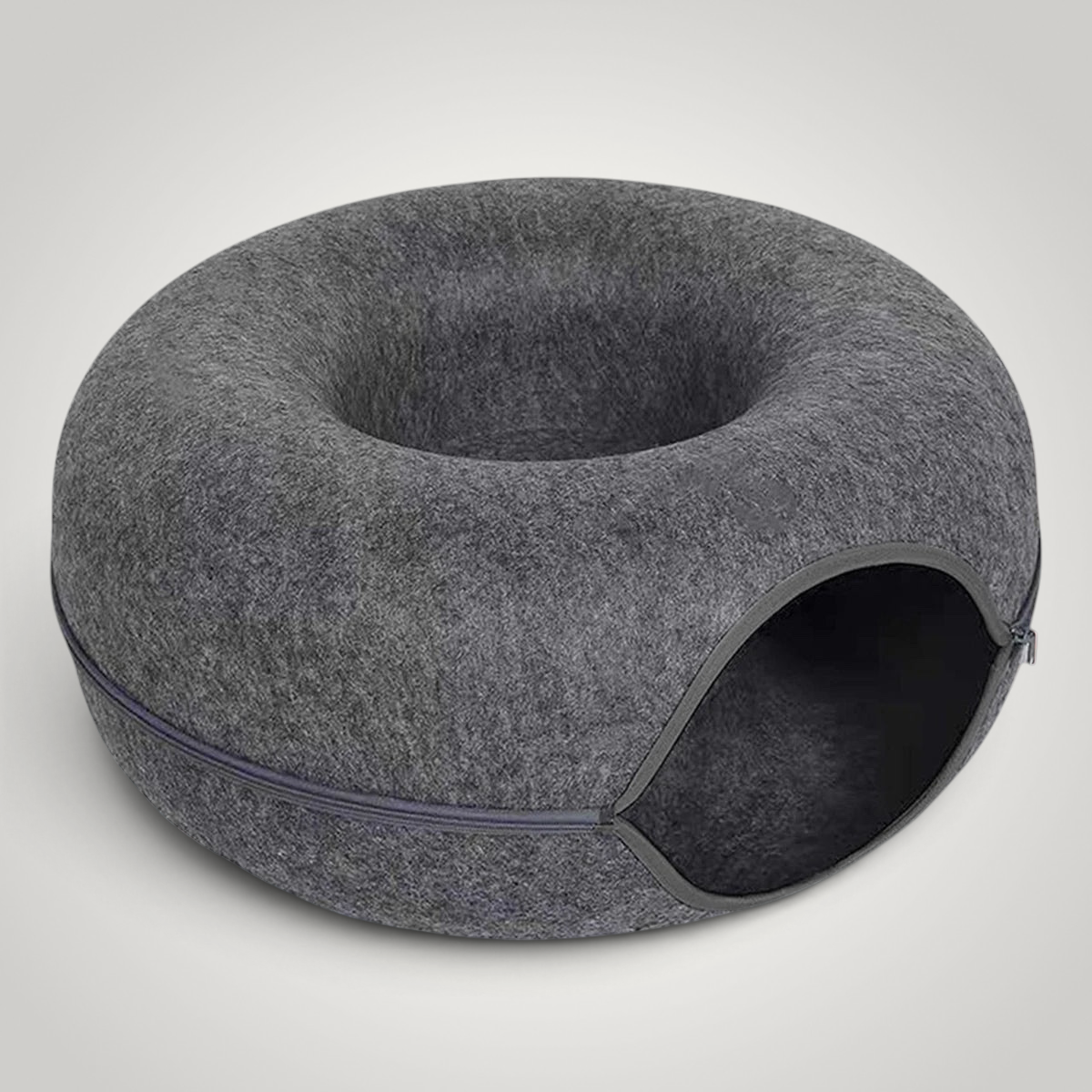 HappiFinds dark gray felt donut cat tunnel and cozy pet bed with durable zipper design