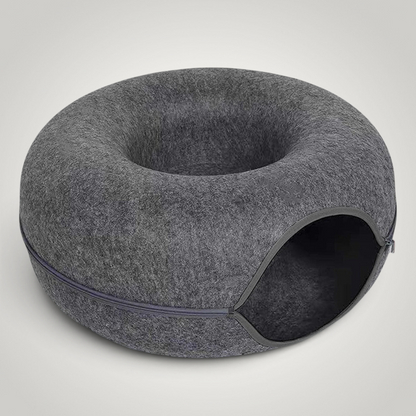 HappiFinds dark gray felt donut cat tunnel and cozy pet bed with durable zipper design