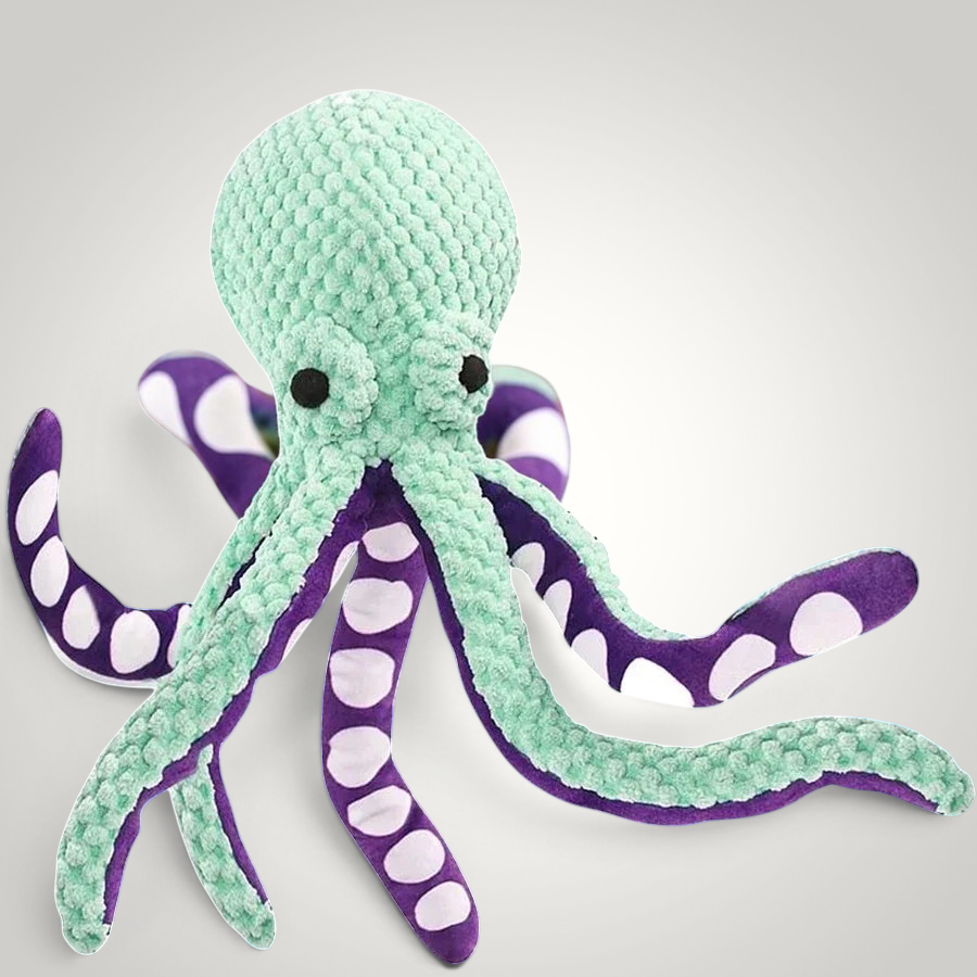 HappiFinds green and purple plush octopus dog toy with textured fabric and reinforced stitching for durable play.