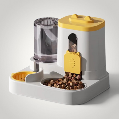 HappiFinds automatic pet feeder in white and yellow with a clear kibble container and dispensing tray for cats or dogs