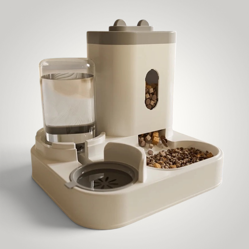 HappiFinds automatic pet feeder with a water dispenser and kibble storage for cats and dogs in a neutral beige tone