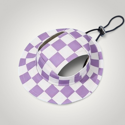 HappiFinds violet and white checkered dog sun hat with an adjustable chin strap for outdoor pet shade