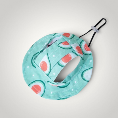 HappiFinds dog sun hat in mint green with an avocado print, featuring an adjustable chin strap for a secure fit.