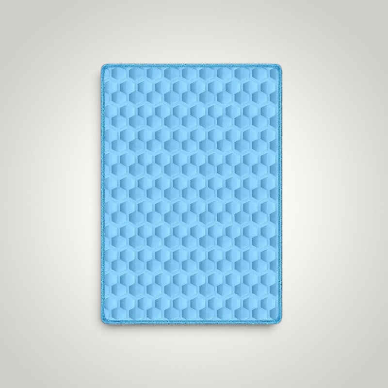 HappiFinds blue pressure-activated gel dog cooling pad with a textured hexagonal pattern for pet comfort.