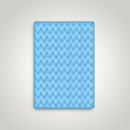 HappiFinds blue pressure-activated gel dog cooling pad with a textured hexagonal pattern for pet comfort.