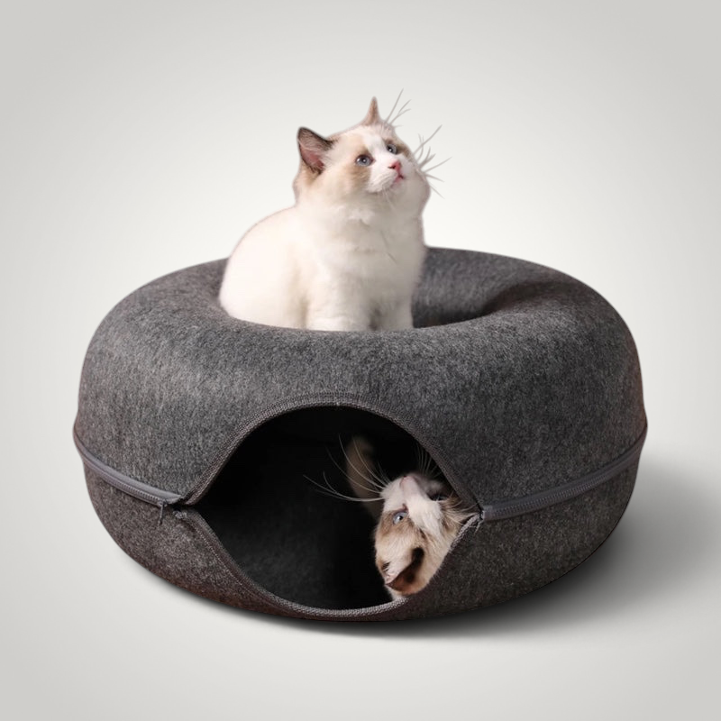 HappiFinds dark gray felt donut cat tunnel and bed with two fluffy kittens playing inside and on top