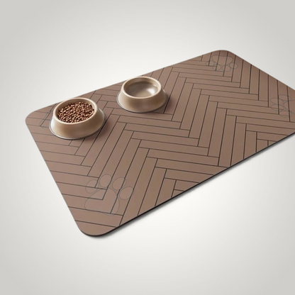 HappiFinds light khaki waterproof dog feeding mat with herringbone pattern and white paw print accents