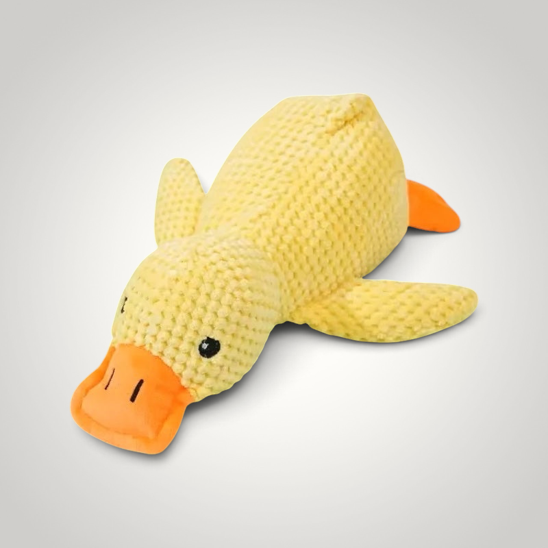 HappiFinds yellow plush duck dog toy with textured fabric and orange beak for teething puppies