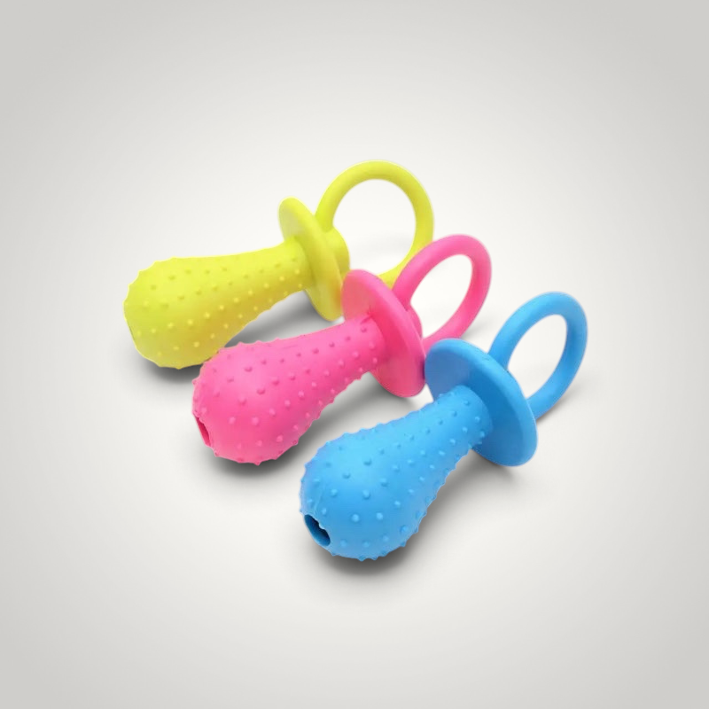HappiFinds soft rubber chew toys for small dogs in yellow, pink, and blue with textured surfaces