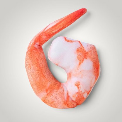 HappiFinds plush shrimp squeaky dog toy with realistic orange and white textured fabric details