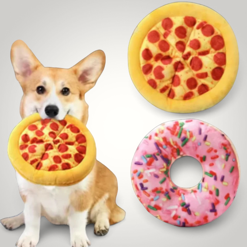 HappiFinds plush squeaky dog toy set featuring a pizza slice, pink frosted donut, and shrimp for playful pets