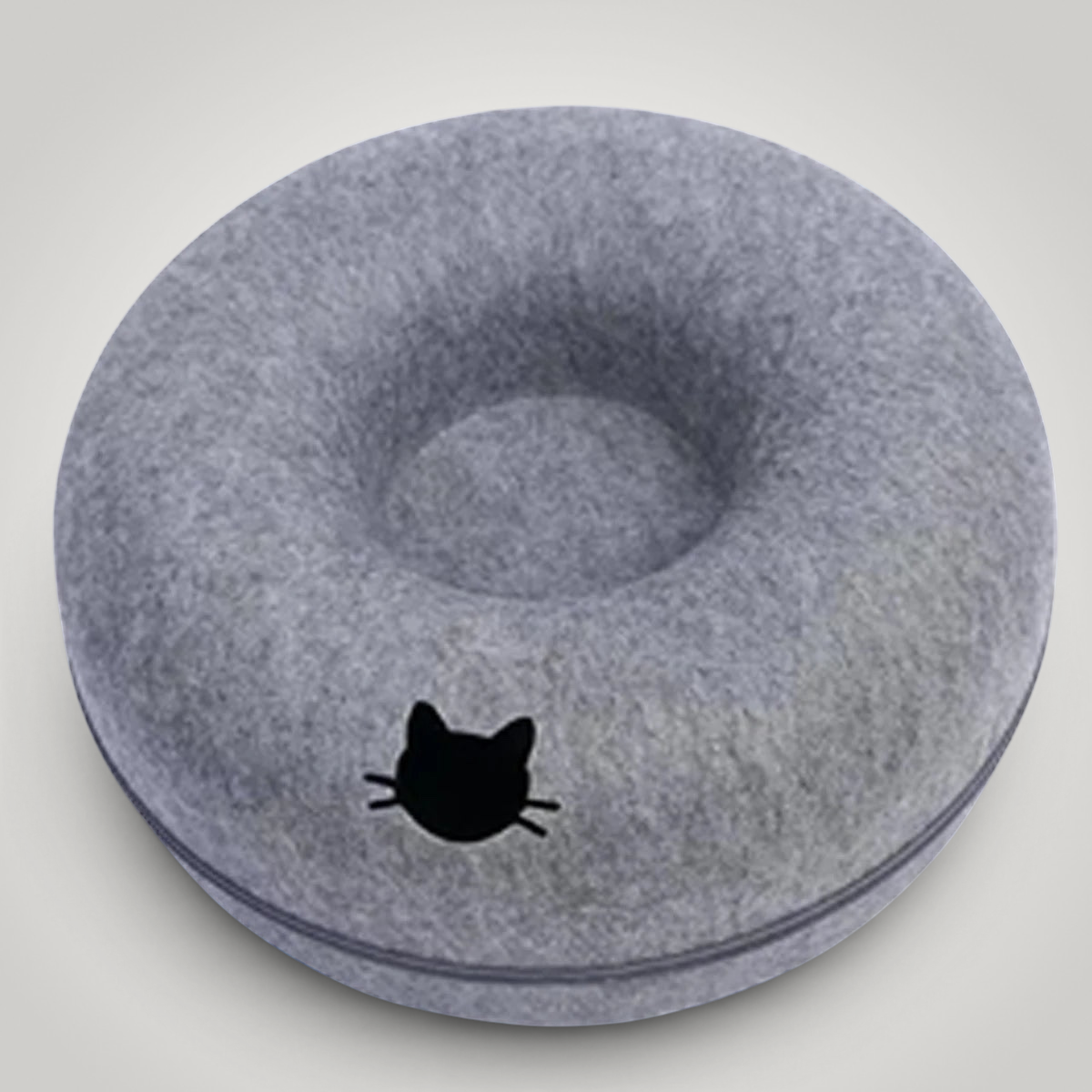 HappiFinds gray felt donut cat tunnel nest with a cute cat head design for cozy pet napping and play