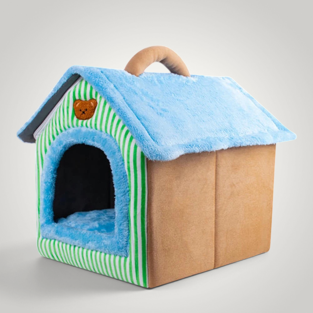 HappiFinds foldable pet house with a blue plush roof, green striped front, and brown sides for small dogs or cats
