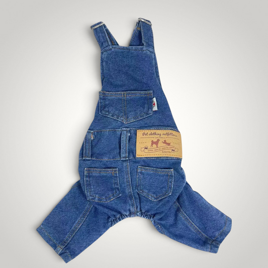 HappiFinds blue cotton-denim dog overalls with adjustable straps and back pockets for a comfortable pet outfit