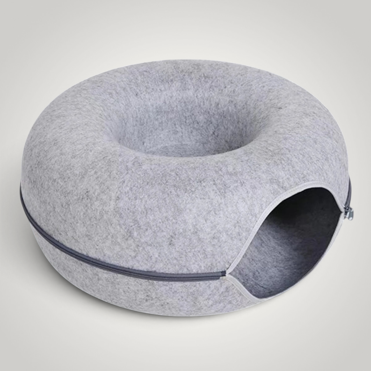 HappiFinds light gray felt donut cat tunnel nest that doubles as a cozy pet bed with a zippered opening
