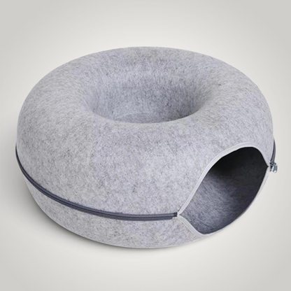 HappiFinds light gray felt donut cat tunnel nest that doubles as a cozy pet bed with a zippered opening